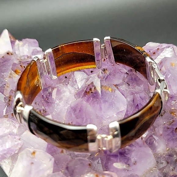 925 Sterling Silver Faceted Tigers Eye 5 Panel Mens Gemstone Bracelet Size 7 - Picture 4 of 14